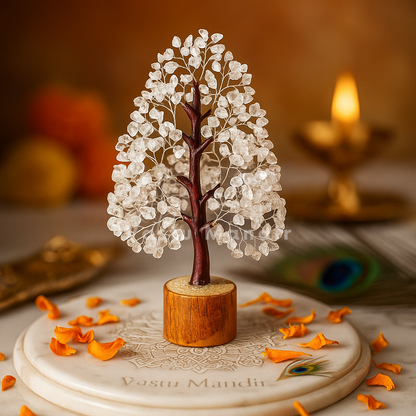 Clear Quartz Vastu Tree on a wooden base, surrounded by orange petals and a candle in the background.