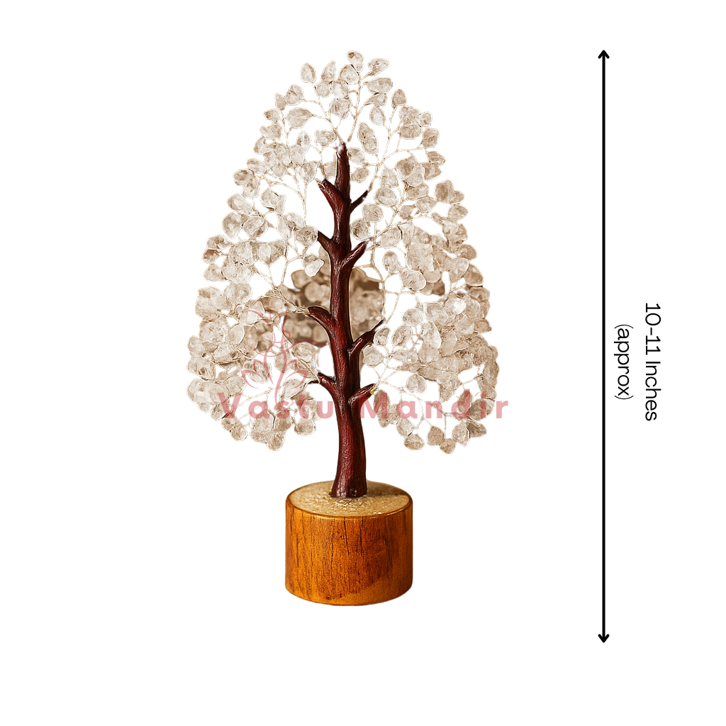 Clear Quartz Vastu Tree on a wooden base, labeled with dimensions.