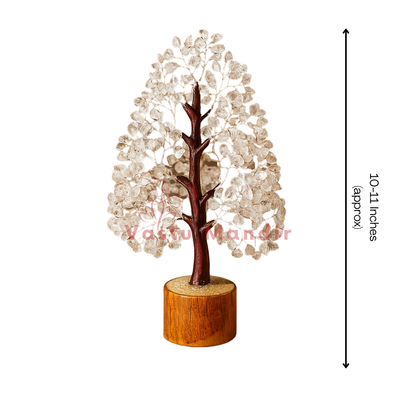 Clear Quartz Vastu Tree on a wooden base, labeled with dimensions.