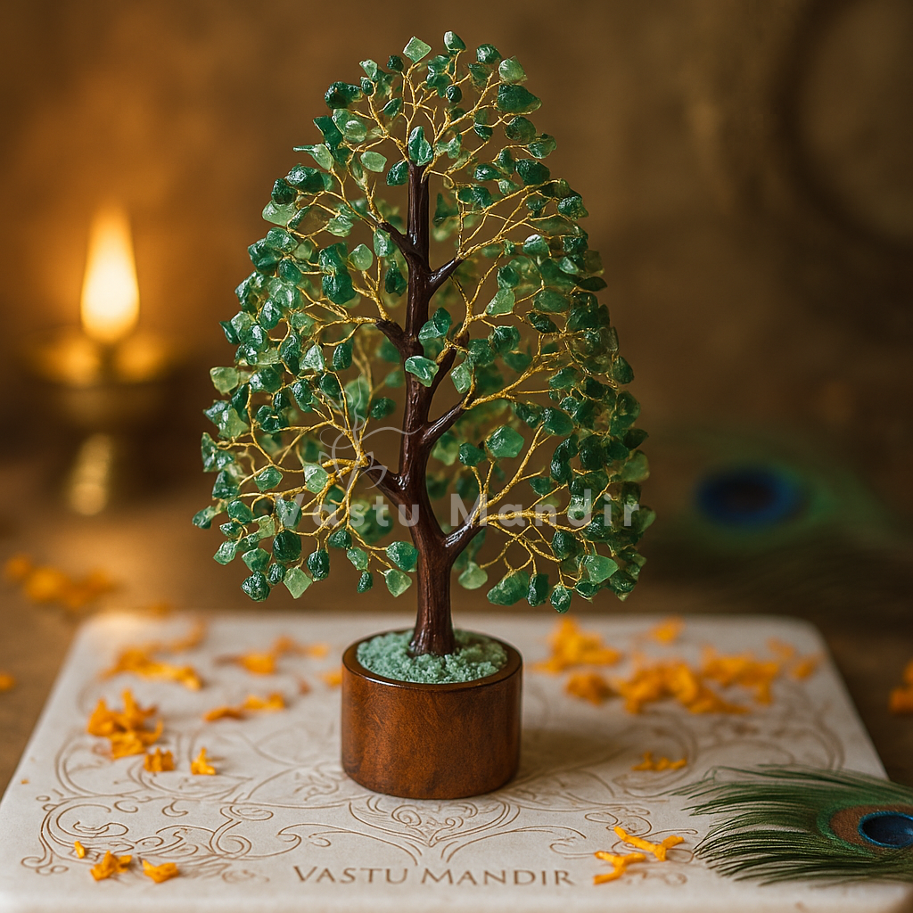 Large Green Aventurine Vastu Tree (10-11 Inch) with 300 beads on a wooden base with a blurred background