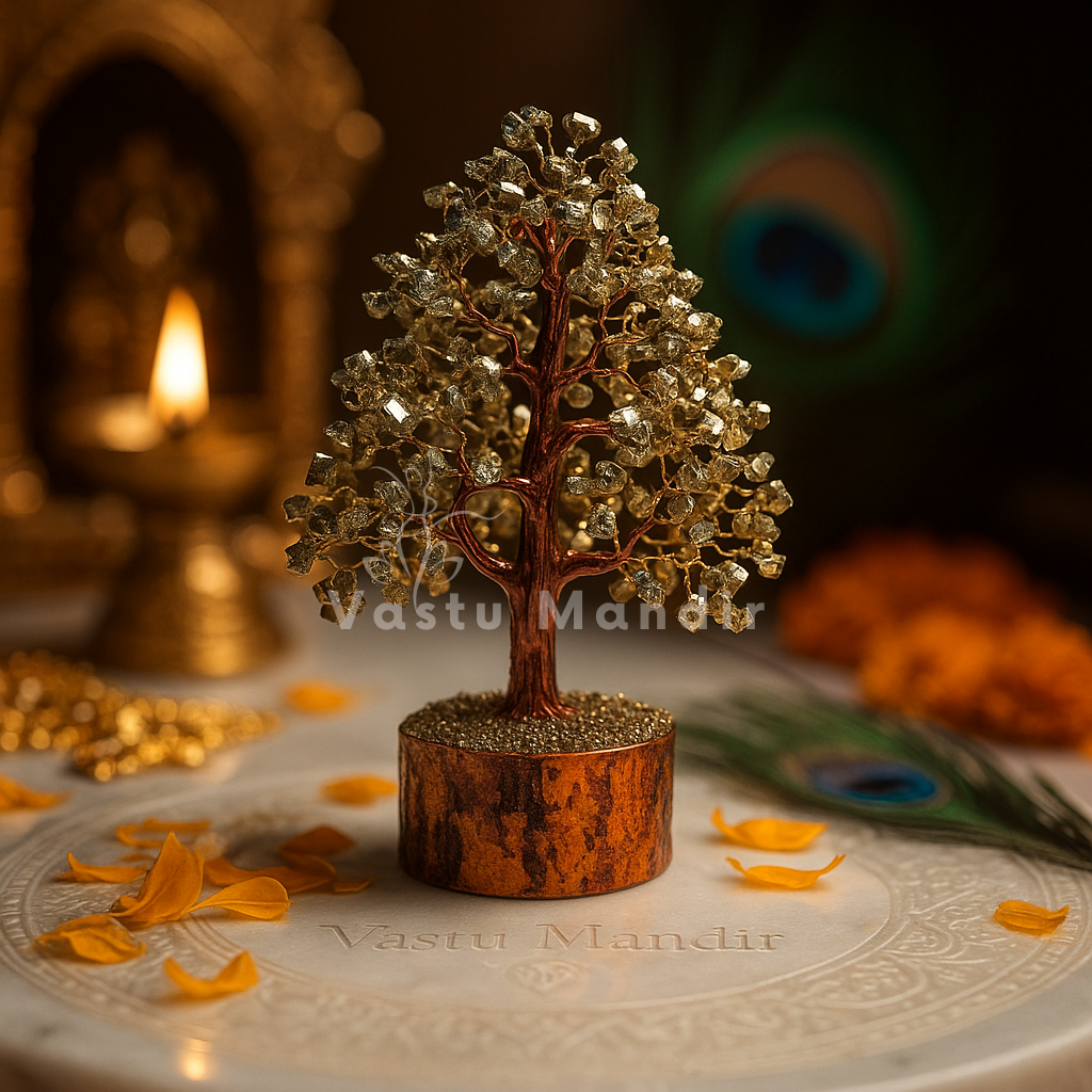 Pyrite Vastu Tree on a plate with 'Vastu Mandir' branding, surrounded by gold elements and peacock feathers.