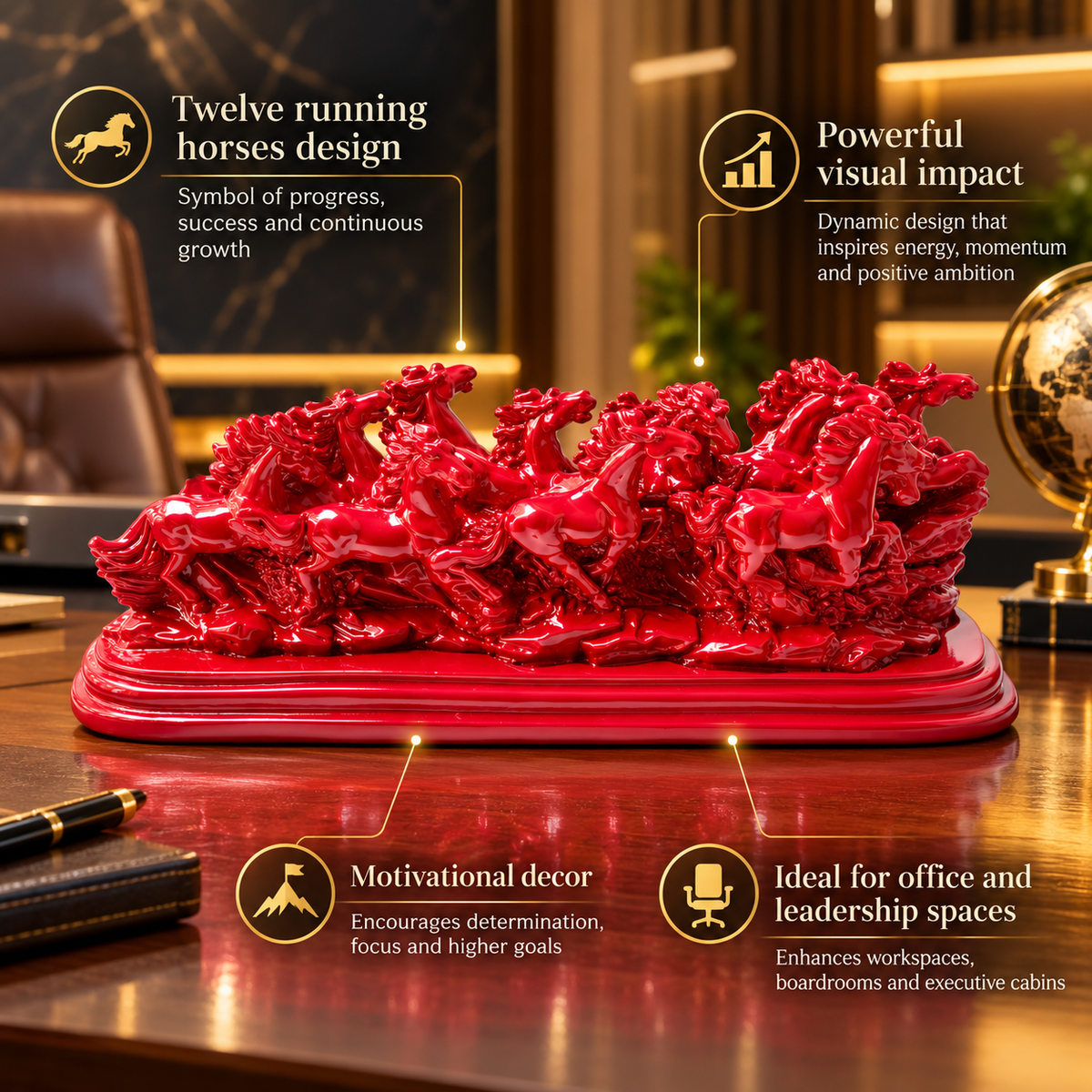 Majestic Twelve Red Running Horses Resin Sculpture Vastu Remedy for Power, Rapid Progress and Business Growth for Office, Leadership Spaces and Living Room Decor | 39 x 14 cm | 1.6 kg