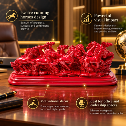 Majestic Twelve Red Running Horses Resin Sculpture Vastu Remedy for Power, Rapid Progress and Business Growth for Office, Leadership Spaces and Living Room Decor | 39 x 14 cm | 1.6 kg