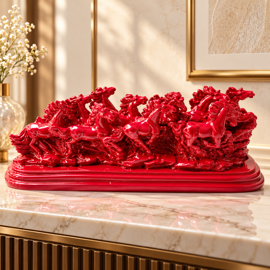 Majestic Twelve Red Running Horses Resin Sculpture Vastu Remedy for Power, Rapid Progress and Business Growth for Office, Leadership Spaces and Living Room Decor | 39 x 14 cm | 1.6 kg