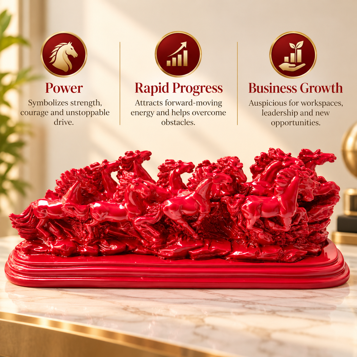 Majestic Twelve Red Running Horses Resin Sculpture Vastu Remedy for Power, Rapid Progress and Business Growth for Office, Leadership Spaces and Living Room Decor | 39 x 14 cm | 1.6 kg