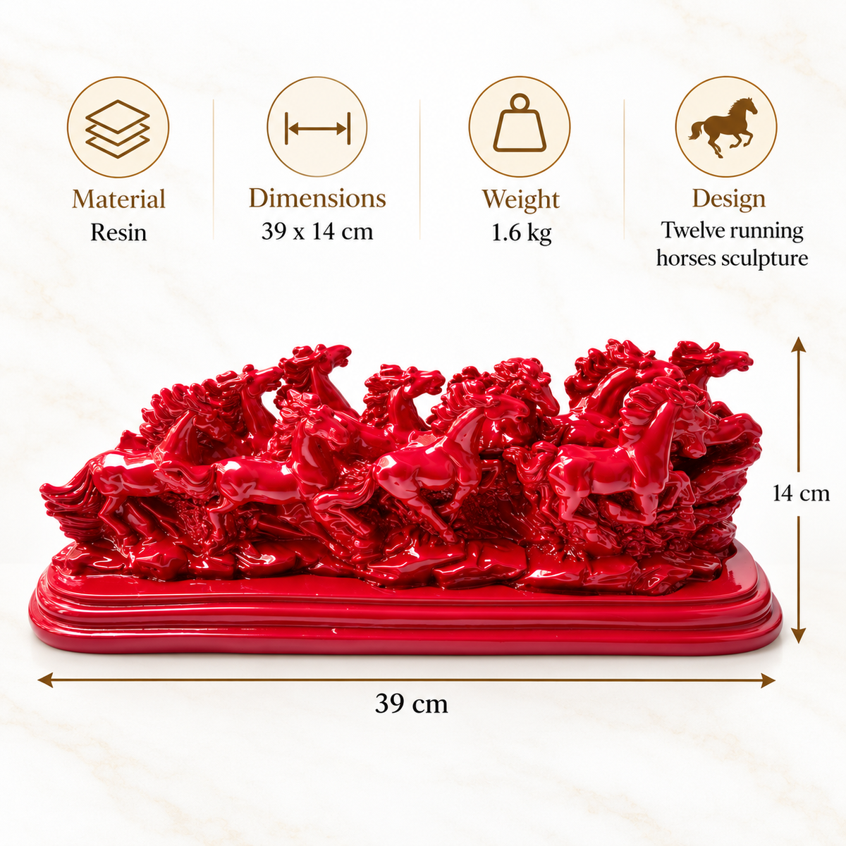 Majestic Twelve Red Running Horses Resin Sculpture Vastu Remedy for Power, Rapid Progress and Business Growth for Office, Leadership Spaces and Living Room Decor | 39 x 14 cm | 1.6 kg