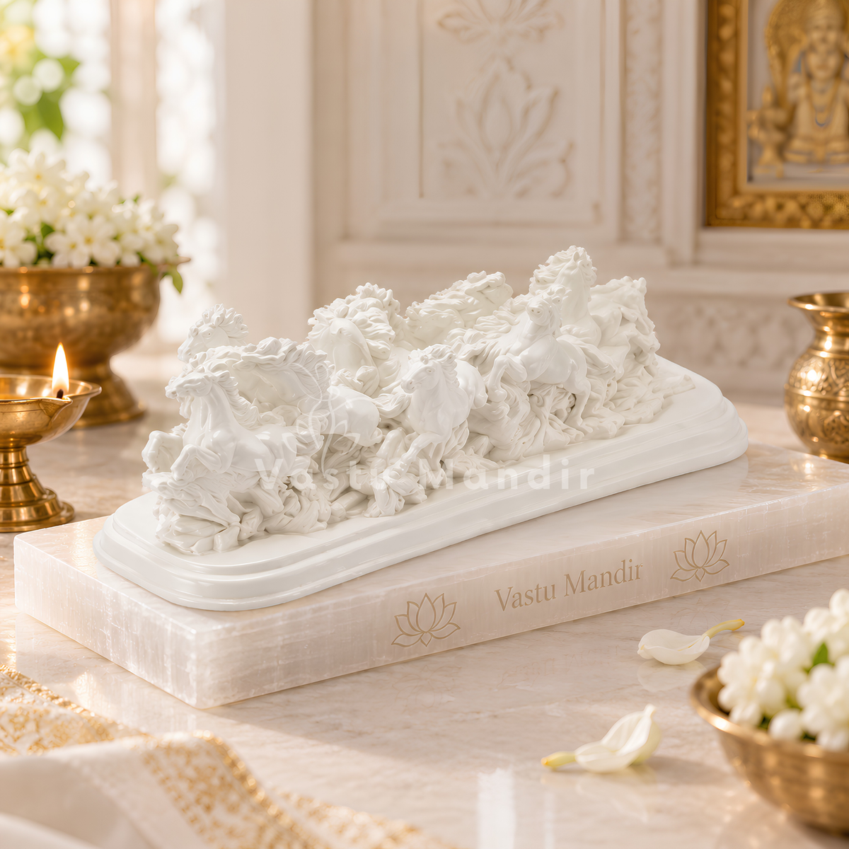 Twelve White Running Horses Resin Sculpture | Vastu Remedy for Victory, Momentum & Professional Success | 39 × 14 cm | 1.6 kg