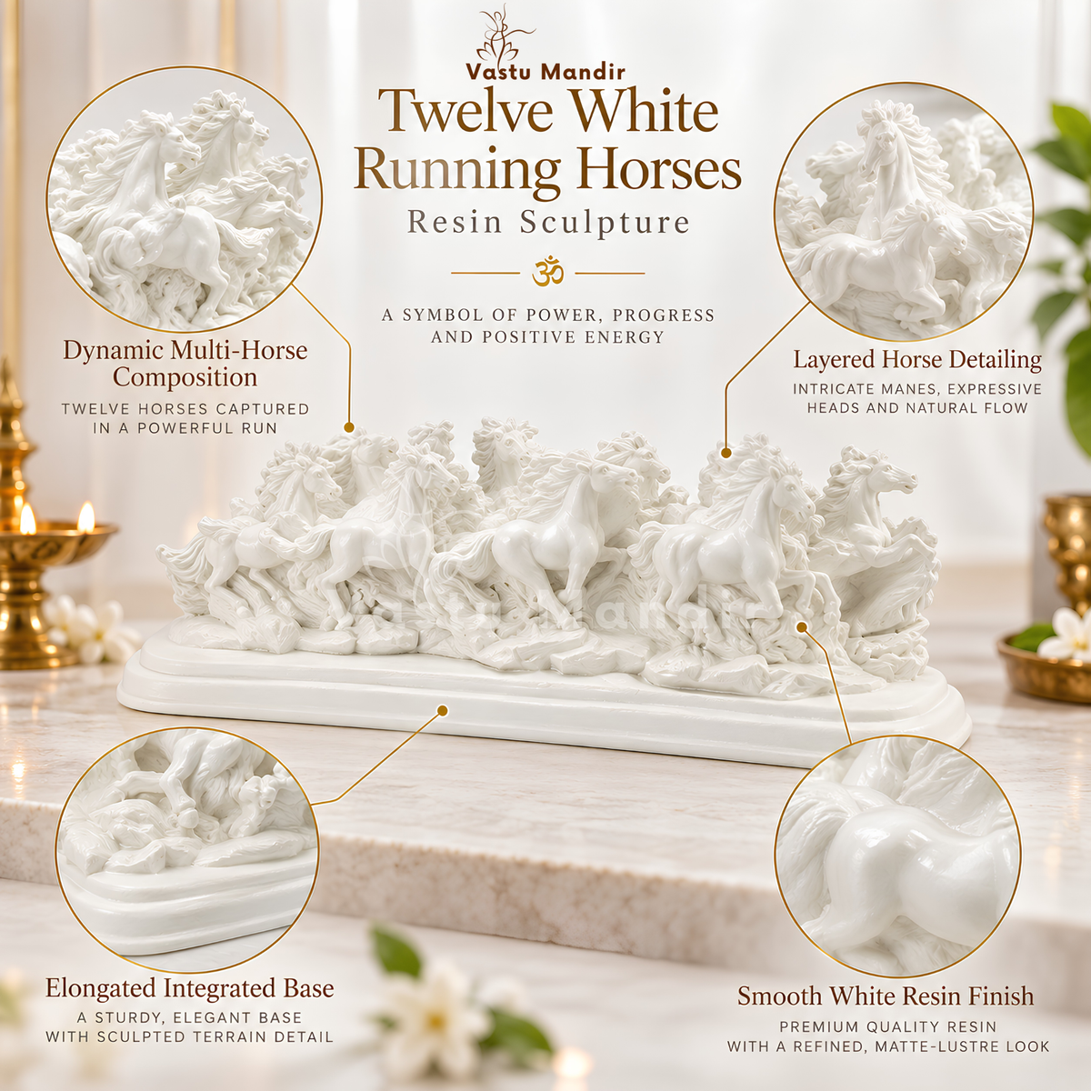 Twelve White Running Horses Resin Sculpture | Vastu Remedy for Victory, Momentum & Professional Success | 39 × 14 cm | 1.6 kg