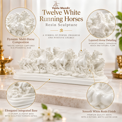 Twelve White Running Horses Resin Sculpture | Vastu Remedy for Victory, Momentum & Professional Success | 39 × 14 cm | 1.6 kg