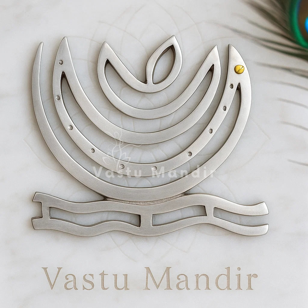 Decorative metal helix with 'Vastu Mandir' branding on a light background