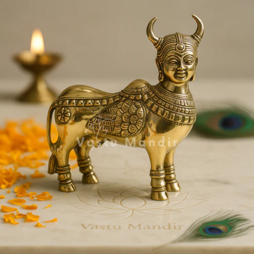 Decorative brass cow statue with intricate designs on a neutral background.