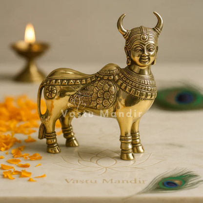 Decorative brass cow statue with intricate designs on a neutral background.