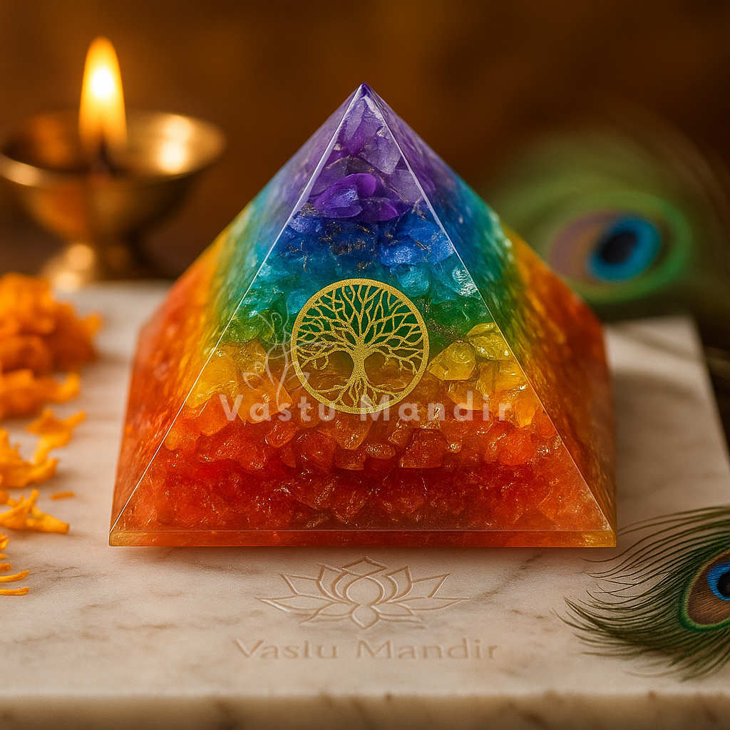 7 Chakra Orgone Crystal Tree used for EMF protection, energy balancing, and spiritual growth.

