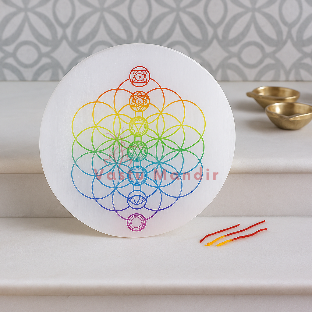 3-Inch Selenite Charging Plate with 7 Chakra Flower of Life Engraving | Essential Crystal Cleanser & Vastu Purifier By Vastu Mandir