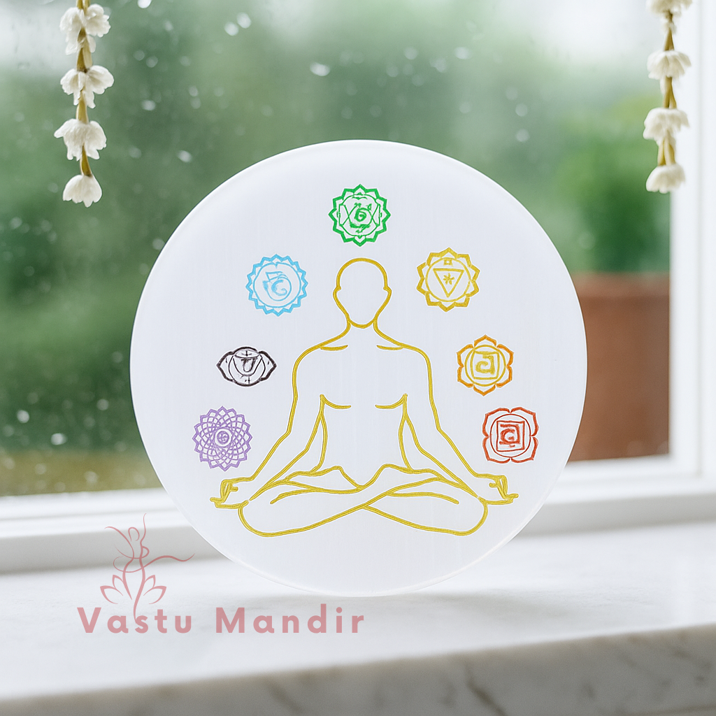 3-Inch Selenite Charging Plate with 7 Chakra Flower of Life Engraving | Vastu Crystal Cleansing Plate