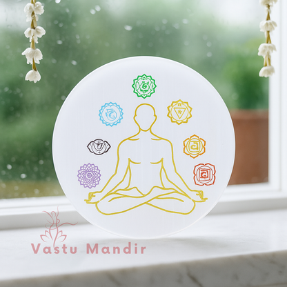 3-Inch Selenite Charging Plate with 7 Chakra Flower of Life Engraving | Vastu Crystal Cleansing Plate