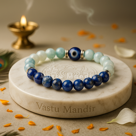 Virgo Zodiac Healing Bracelet 8mm — Aquamarine & Lapis Lazuli Vastu Remedy Mental Clarity