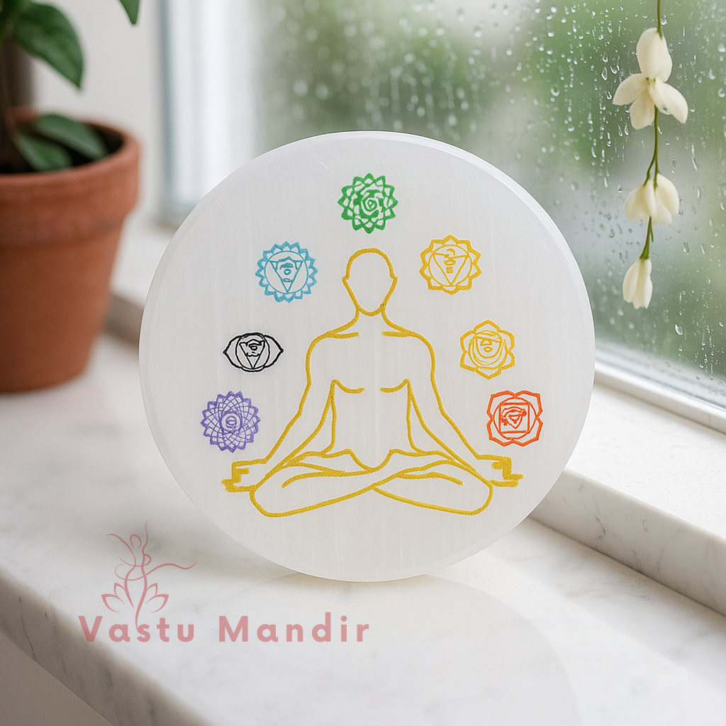 3-Inch Selenite Charging Plate with 7 Chakra Flower of Life Engraving | Vastu Crystal Cleansing Plate