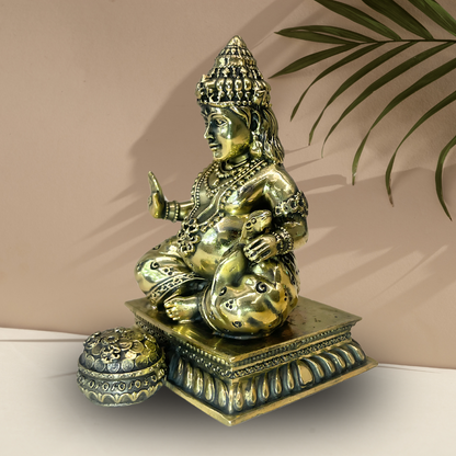 lord dhan kuber statue, brass kuber ji idol, vastu metal idols, kuber statue for home and office, home decoration items, vastu mandir idols, pure brass metal idols for positive energy