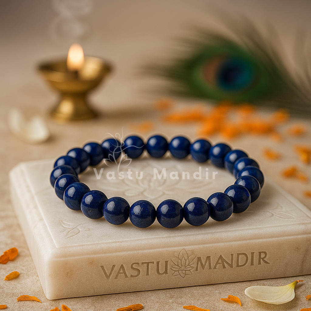100% Natural Lapis Lazuli beads with golden pyrite inclusions and calcite veins on a Vastu Mandir stone with a peacock feather and candle in the background.