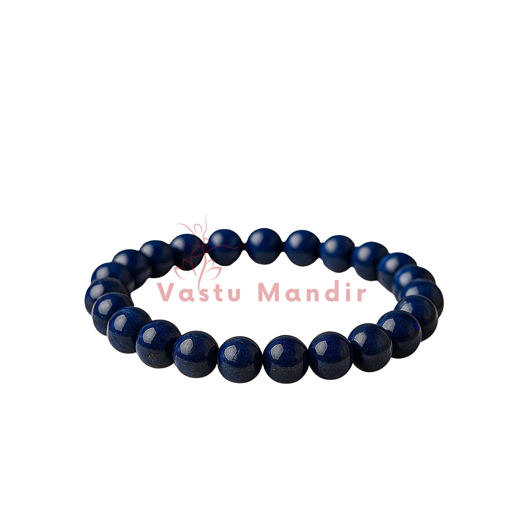 Lapis Lazuli Bracelet — 8mm Beads on a white background with 'Vastu Mandir' branding.