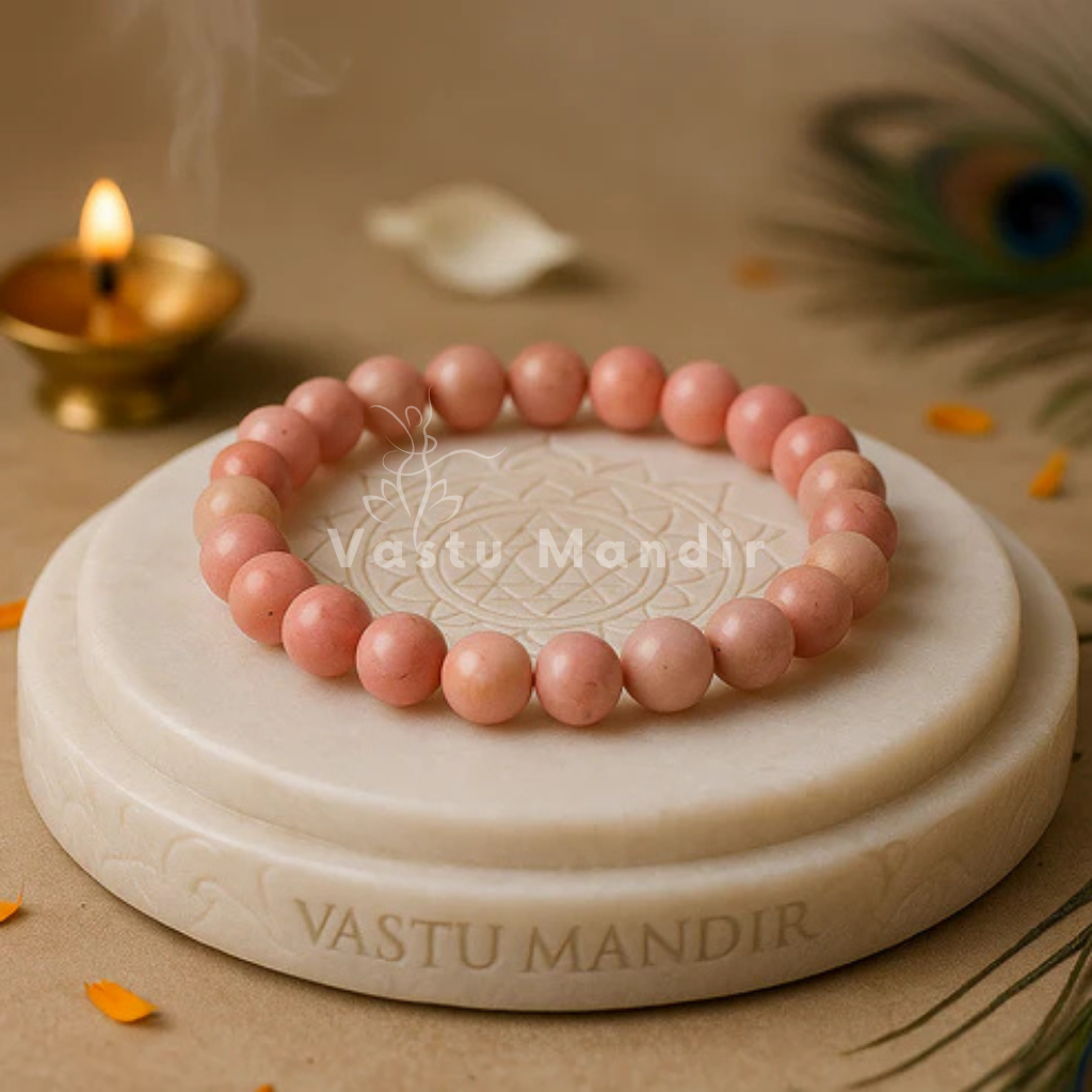 100% Natural Rhodochrosite beads with beautiful pink to rose-red coloration and natural banding patterns,  on a white stone platter with 'Vastu Mandir' engraving, lit diya in the background