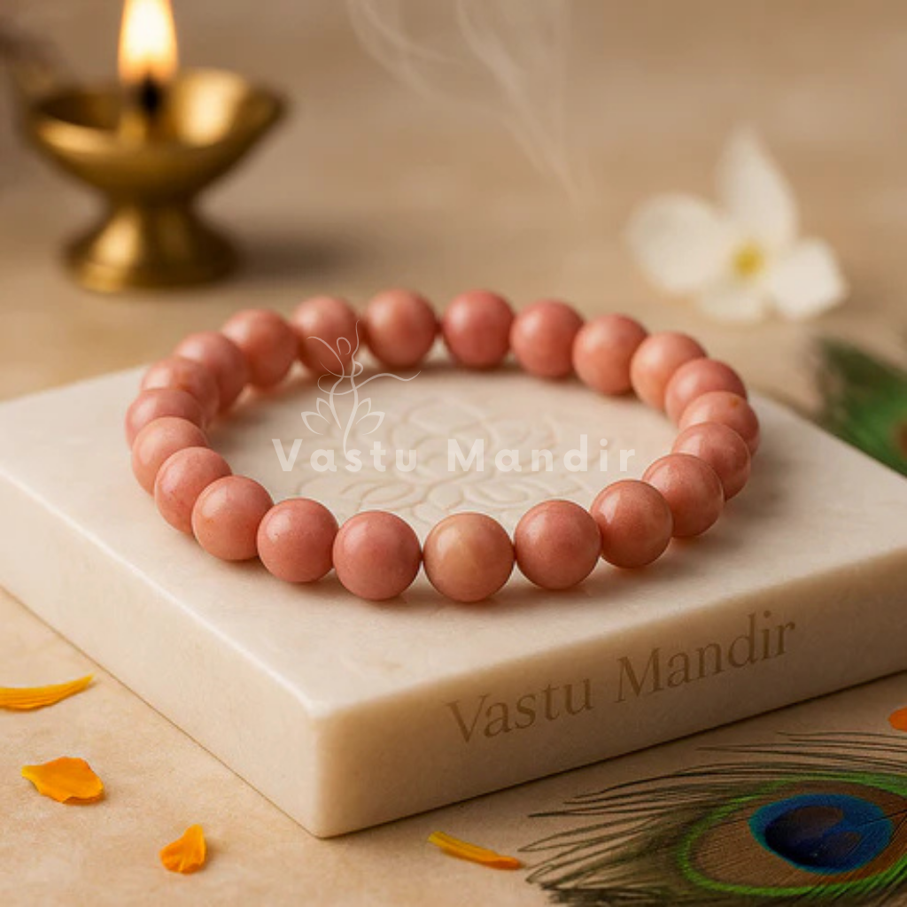 100% Natural Rhodochrosite beads with beautiful pink to rose-red coloration and natural banding patterns on a marble slab with 'Vastu Mandir' branding, accompanied by a lit oil lamp and peacock feather.
