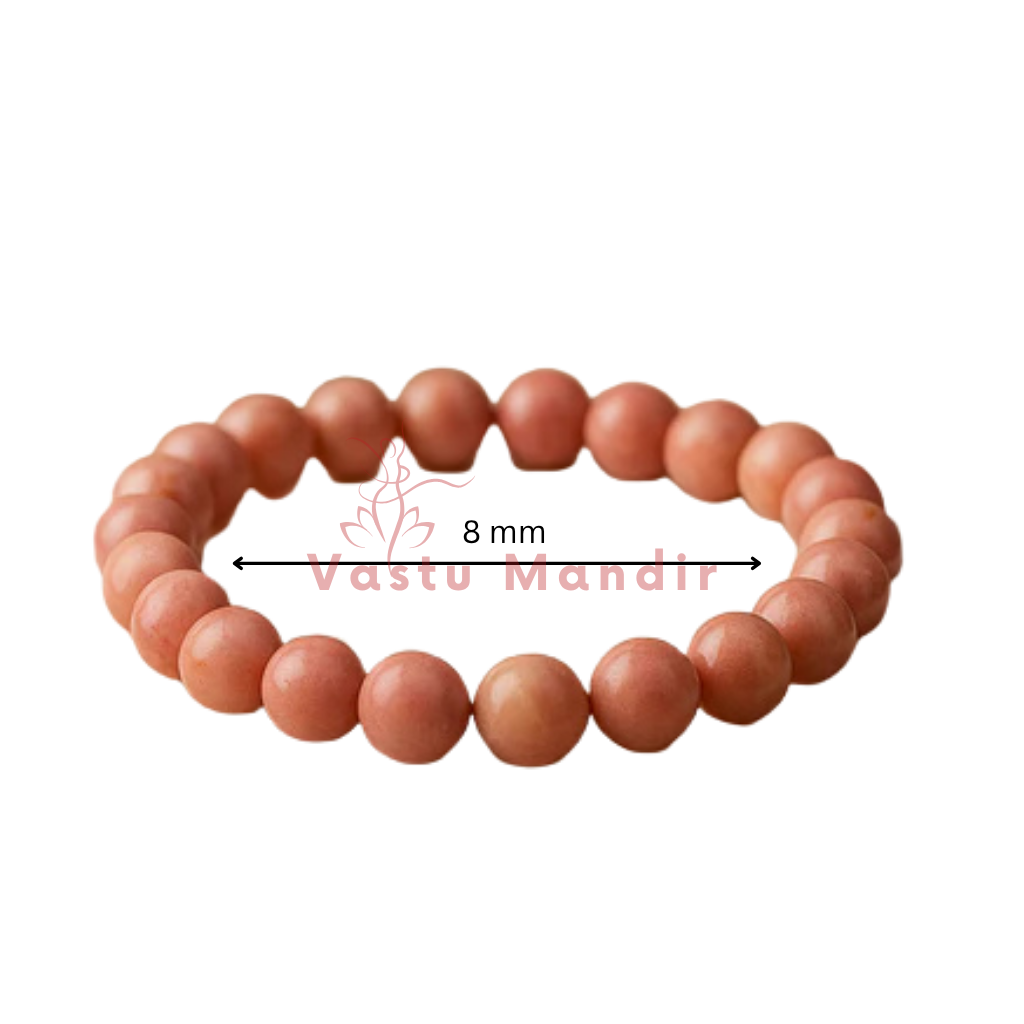 100% Natural Rhodochrosite beads with beautiful pink to rose-red coloration and natural banding patterns with a measurement of 8 mm on a white background, branded 'Vastu Mandir'.