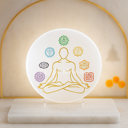 7 Chakra Selenite Charging Plate with chakra symbols and a meditating figure on a stand.