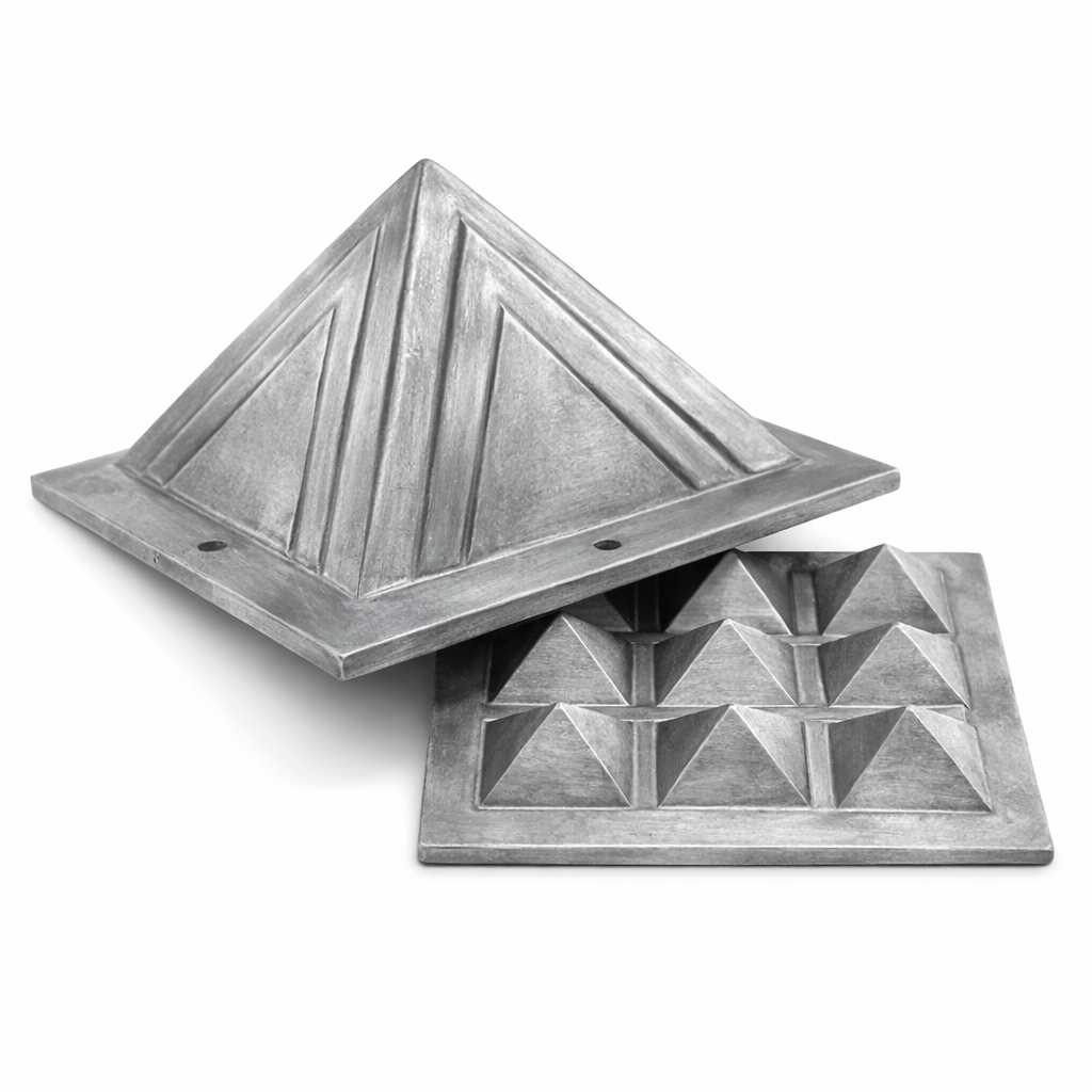 2-Layer Zinc Metal Pyramid with intricate patterns on a white background