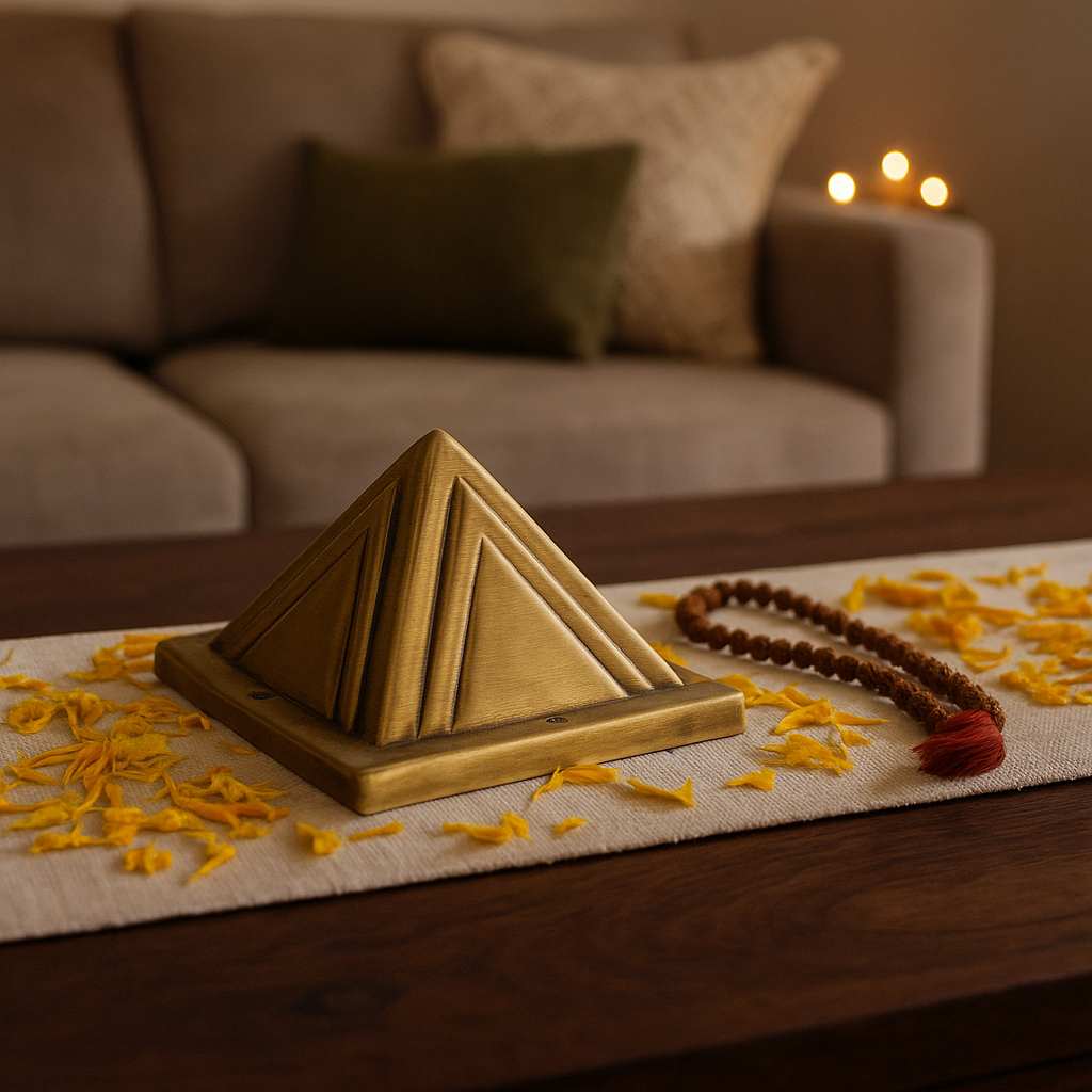 Decorative pyramid on a table with a blurred couch and candles in the background