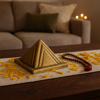 Decorative pyramid on a table with a blurred couch and candles in the background