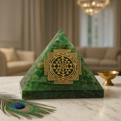 green mica shree yantra orgonite pyramid vastu remedy manifestation on a marble surface, peacock feather and gold bowl in background.