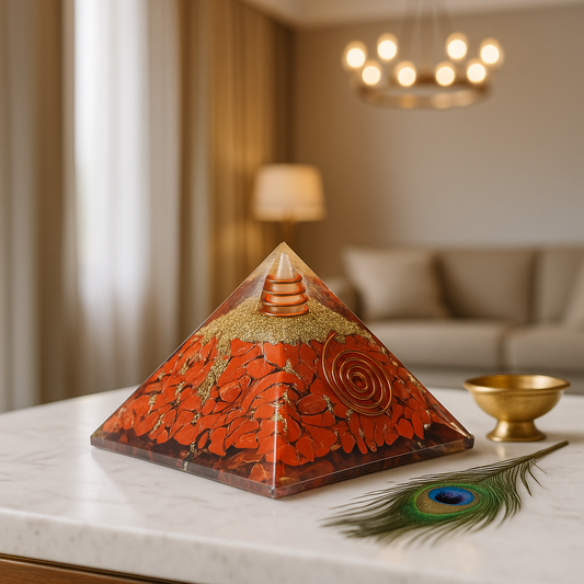 Red Jasper Orgonite Pyramid used as a Vastu health remedy to boost physical stamina and energy.

