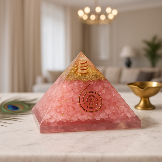 Rose Quartz Orgonite Pyramid placed in the South-West corner to attract love and relationship harmony.
