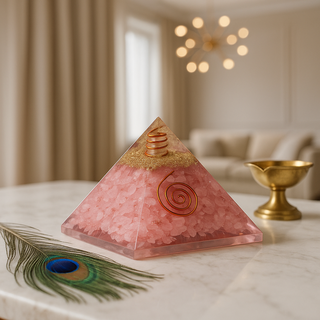 Pink Rose Quartz crystal pyramid activating the Heart Chakra for emotional peace and healing.
