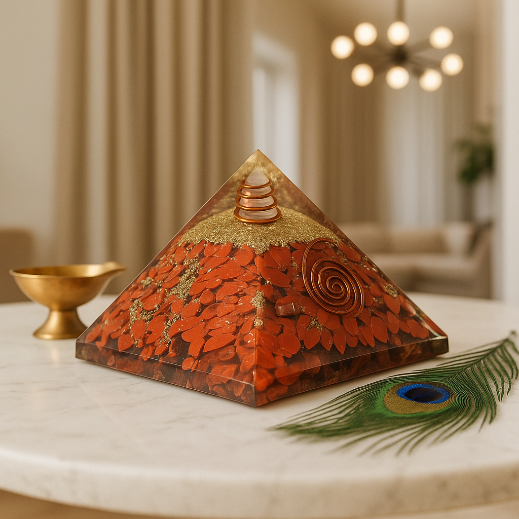 The powerful red crystal pyramid activates the Mooladhara (Root) Chakra for grounding and safety.

