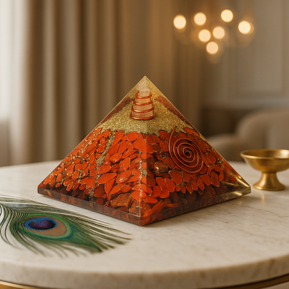 Red Jasper Orgonite Pyramid on a marble surface, peacock feather, and blurred background