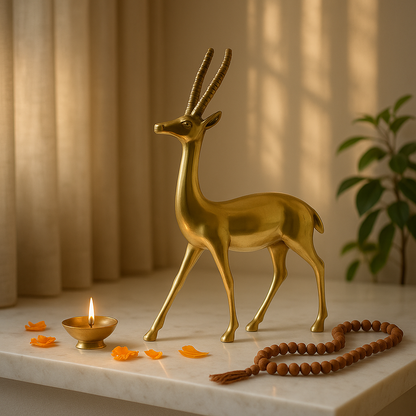 Gold deer figurine on a marble surface with a candle and beads