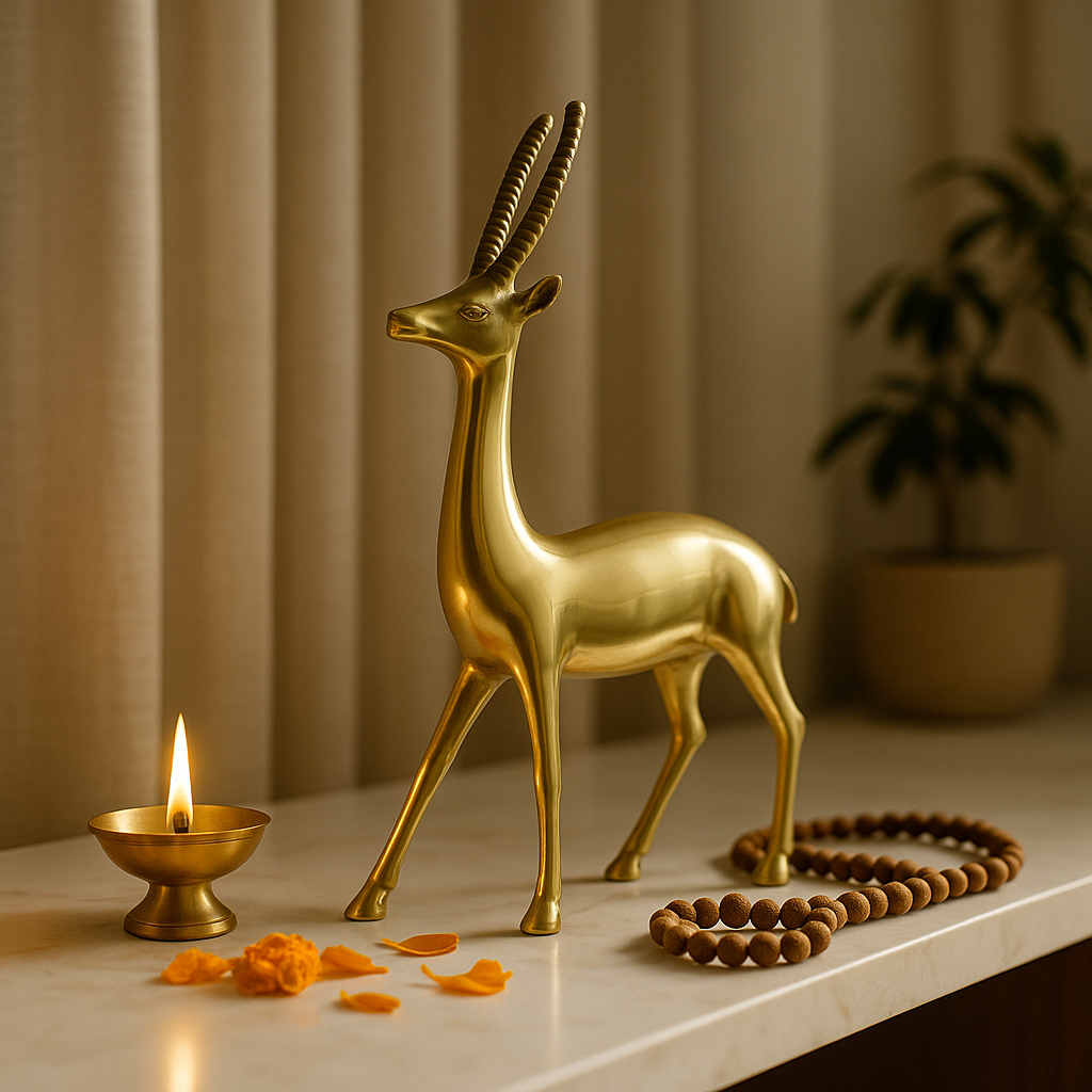 Gold deer figurine on a marble surface with a lit candle and beads.