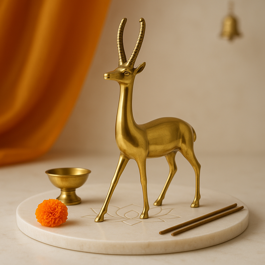 Gold deer figurine on a marble base with an orange flower and small bowl on a beige background
