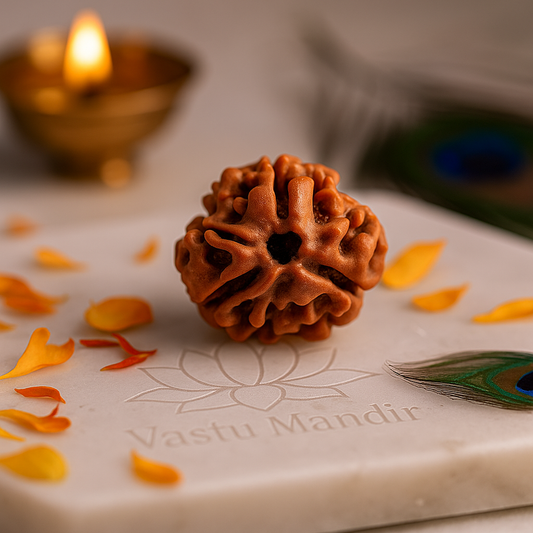 3 faced Brown rudraksha bead on a marble surface with 'Vastu Mandir' branding, surrounded by orange petals and a lit candle.