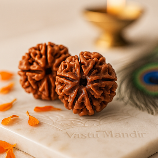 Two brown rudraksha beads on a marble surface with 'Vastu Mandir' branding.
