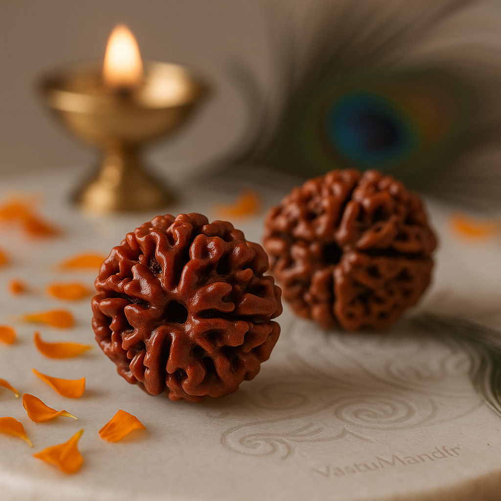 Two brown rudraksha beads on a textured surface with a lit candle in the background.