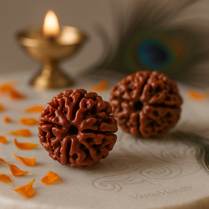 Two brown rudraksha beads on a textured surface with a lit candle in the background.