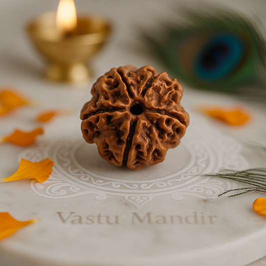4 Faced Brown rudraksha bead on a white surface with 'Vastu Mandir' text, peacock feather, and lit candle in the background.