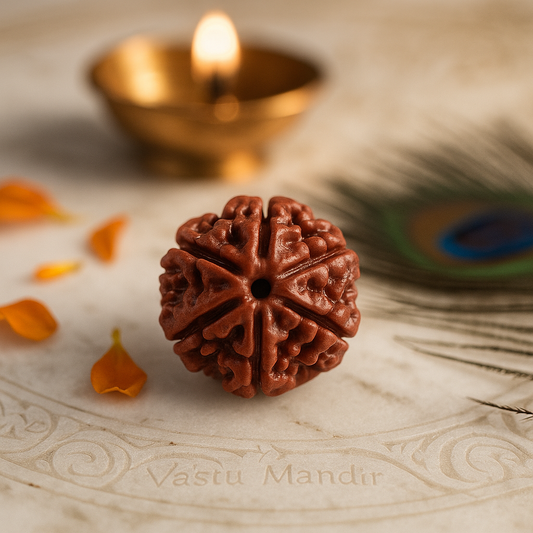 6 Faced Brown Rudraksha on a decorative surface with a blurred candle in the background
