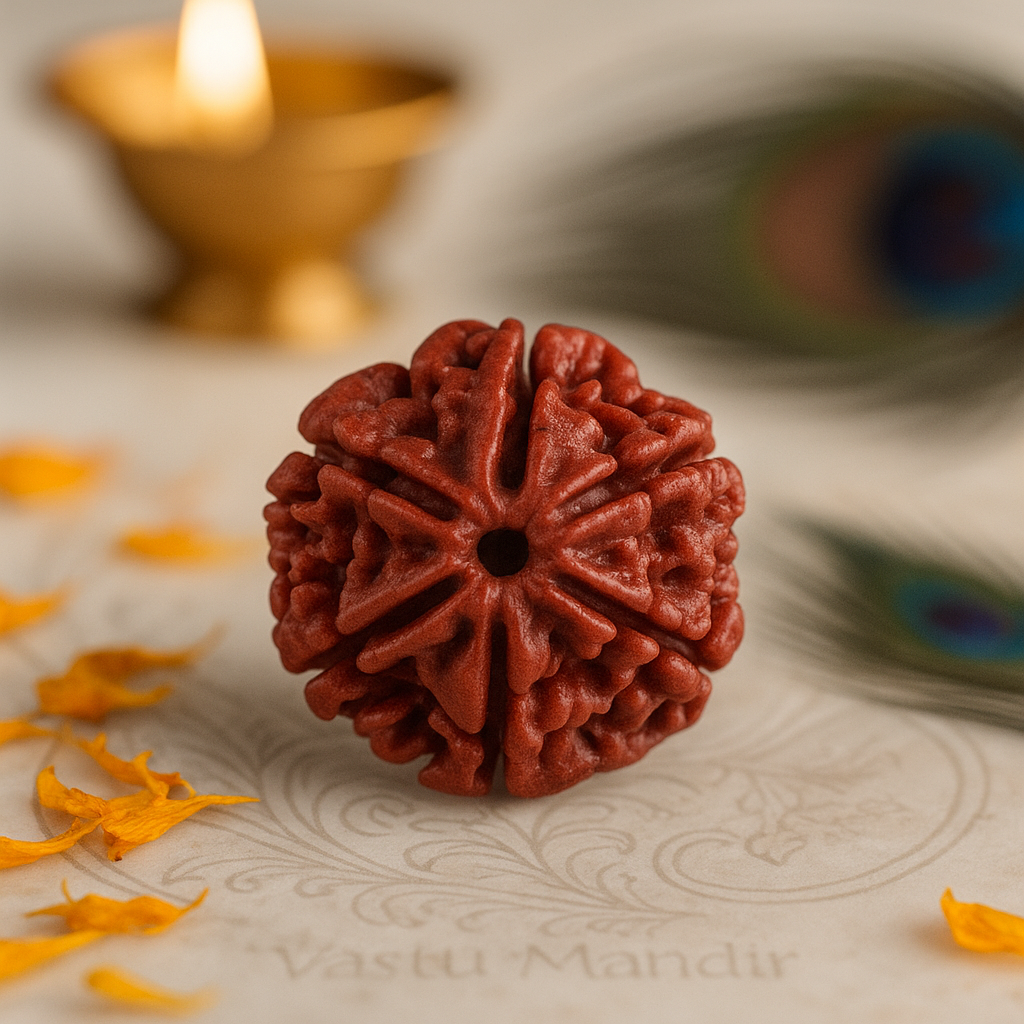 6 Faced Brown Rudraksha on a decorative surface with a blurred candle in the background