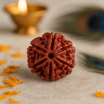 6 Faced Brown Rudraksha on a decorative surface with a blurred candle in the background