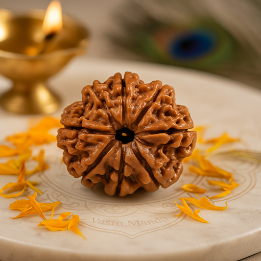 8 faced Brown Rudraksha bead on a decorative plate with yellow flowers and a lit lamp in the background